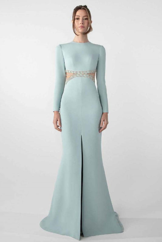Fitted Crepe Gown with Embroidery