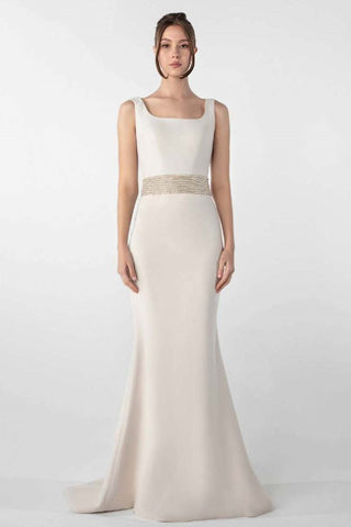 Crepe Gown with Embroidered Belt