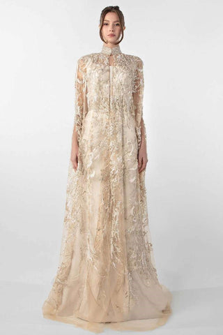 Crepe Gown with Embroidered-Cape