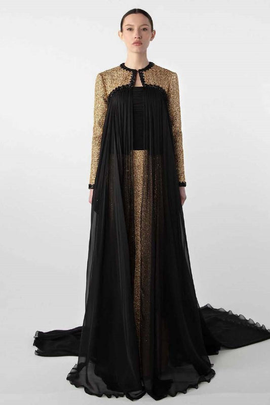 Strapless Tweed and Chiffon Gown with Jacket