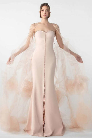 Strapless Gown with Embroidered Cape