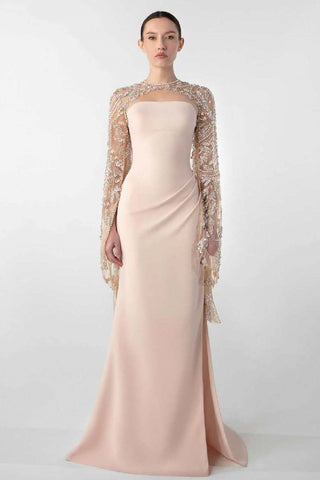 Crepe Gown with Embroidered-Bolero