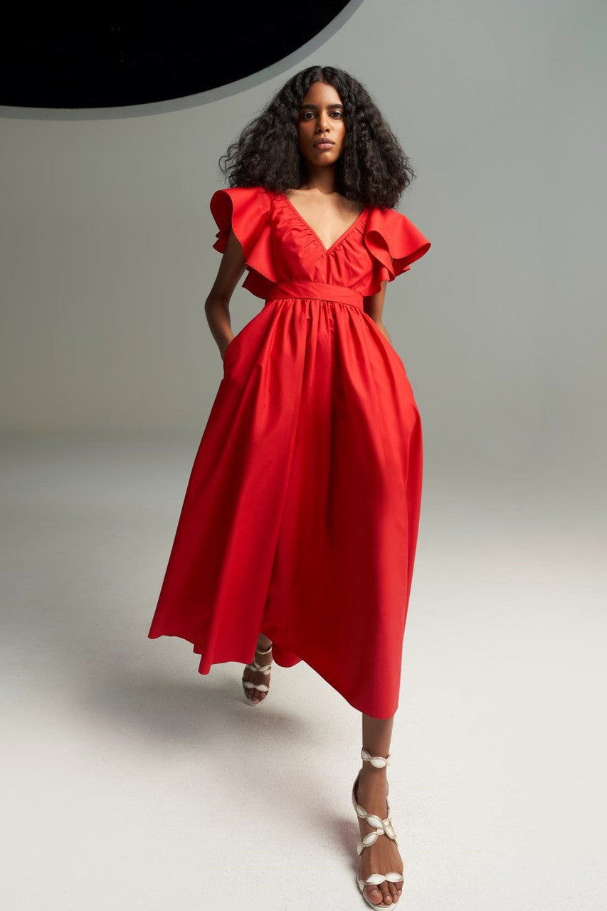 Ruffled Sleeve V-Neck Dress