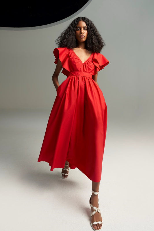 Ruffled Sleeve V-Neck Midi Dress