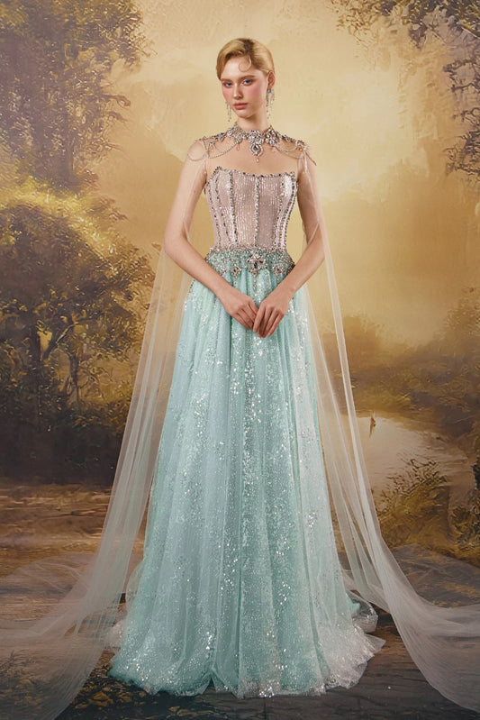 Jeweled A-Line Cape Gown