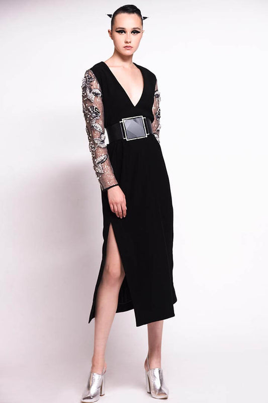 V-Neck Belted Midi Dress