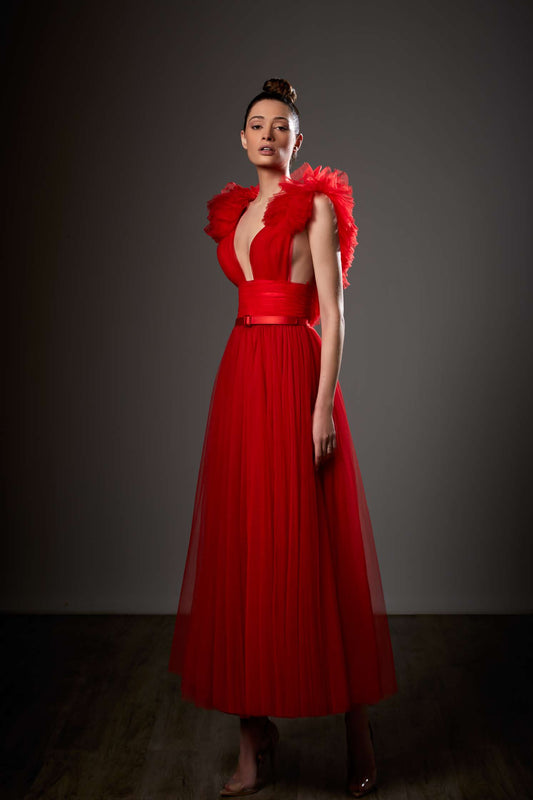 Sleeveless Plunging Neck Pleated Gown