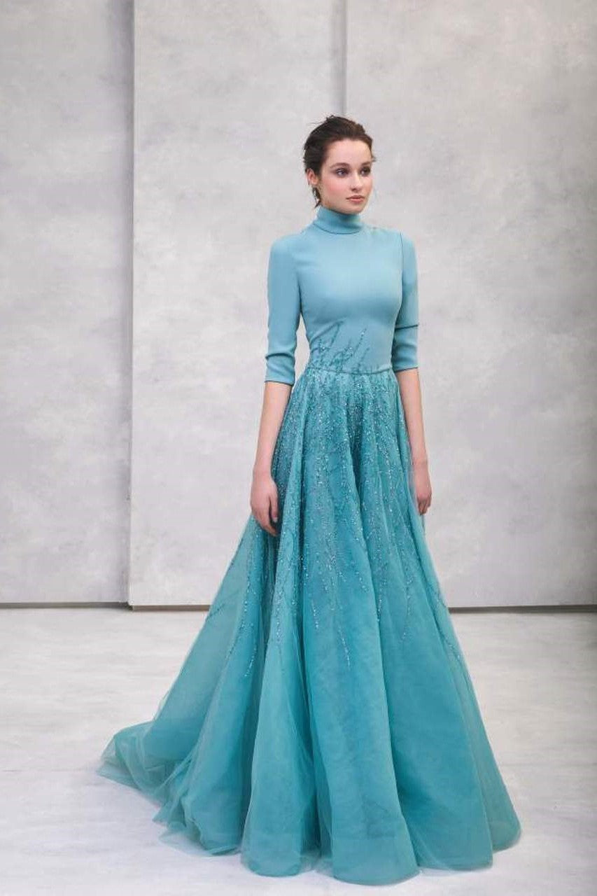 Crepe High Neck Tulle Gown