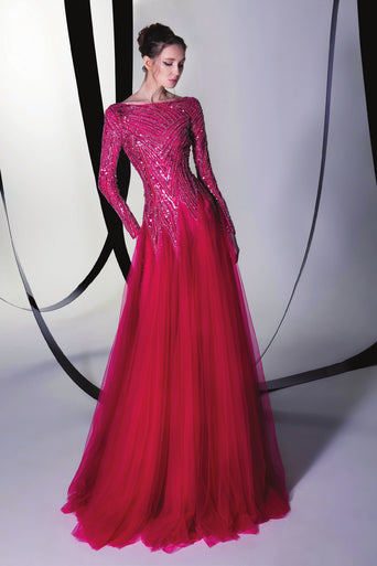 Long Sleeve  Beaded Gown