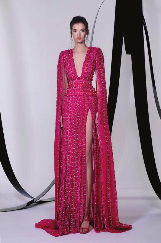 Embroidered Cape Sleeve Slit Gown