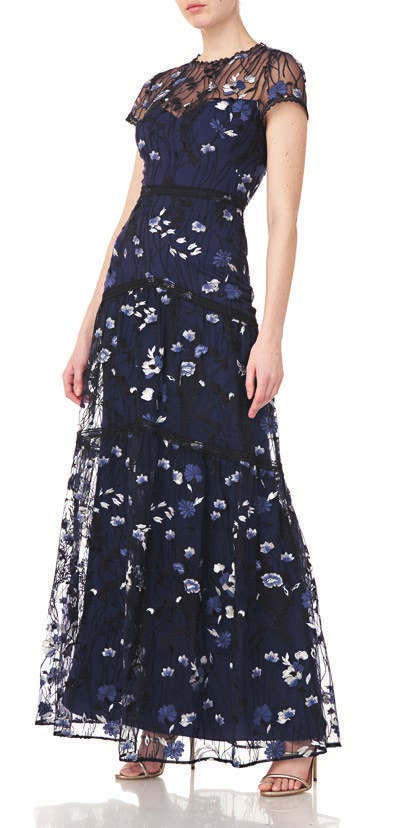 Short Sleeve Floral Embroidered Mesh  Gown