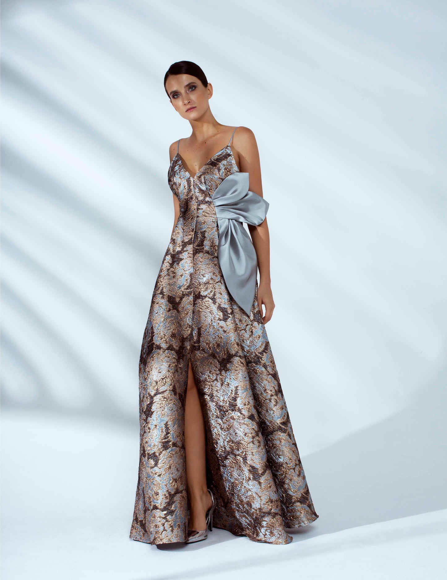 Ariana Brocade Maxi Dress with Draped Petals