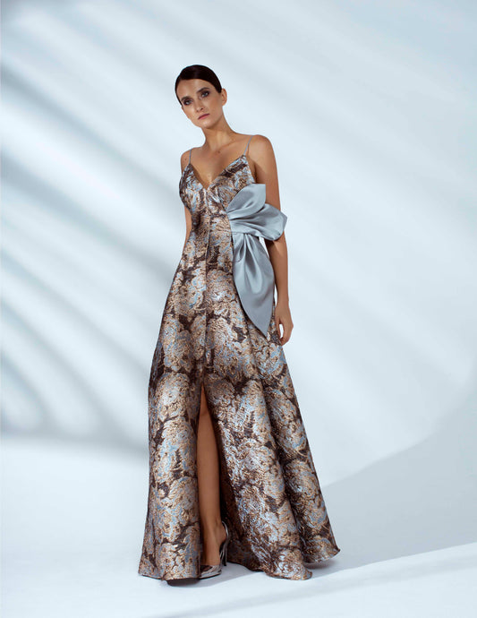 Ariana Brocade Maxi Dress with Draped Petals