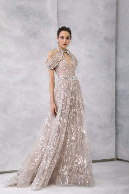 Embroidered Tulle Draped Shoulder Gown