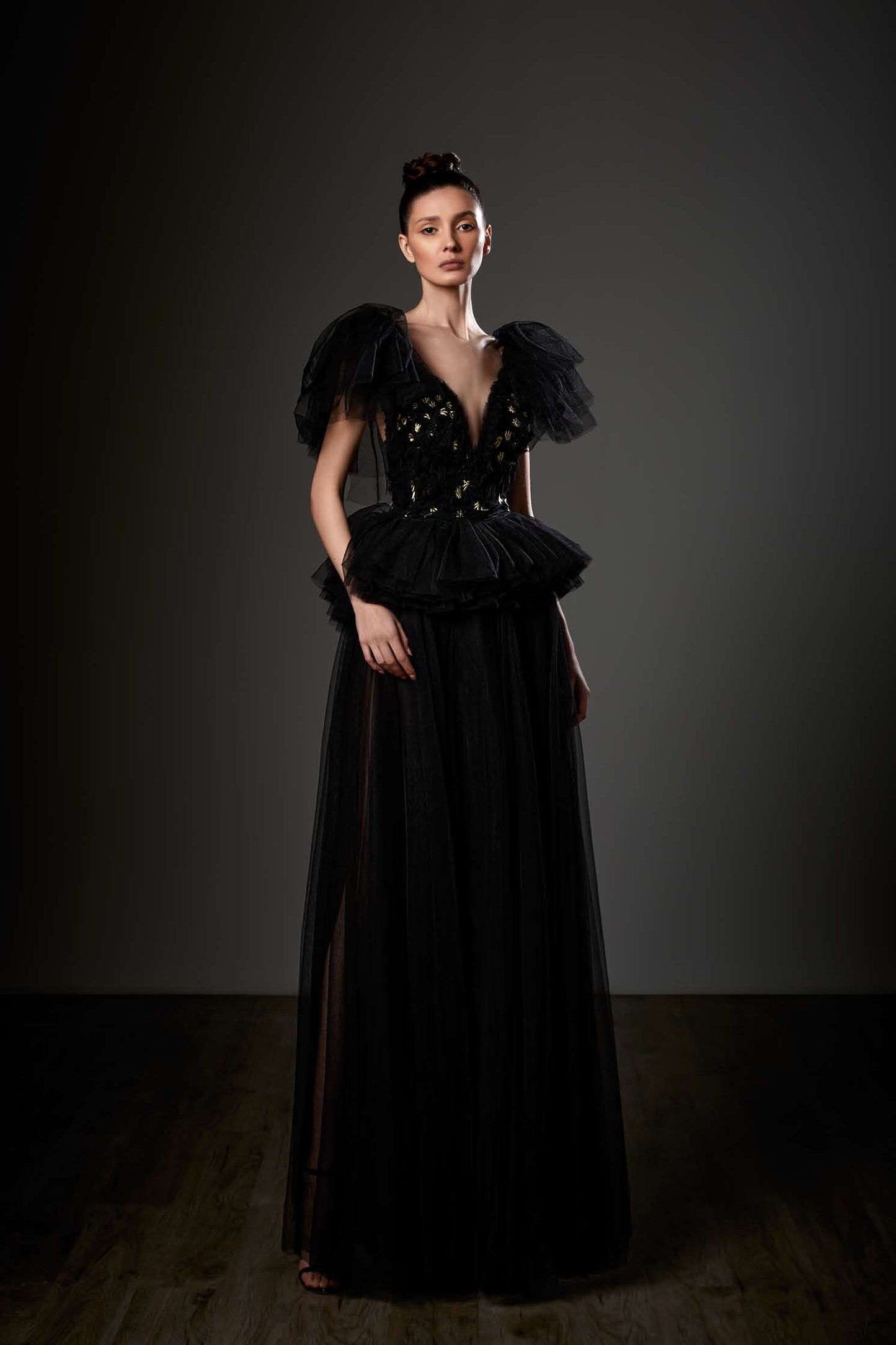 Ruffled Sleeve Peplum Gown