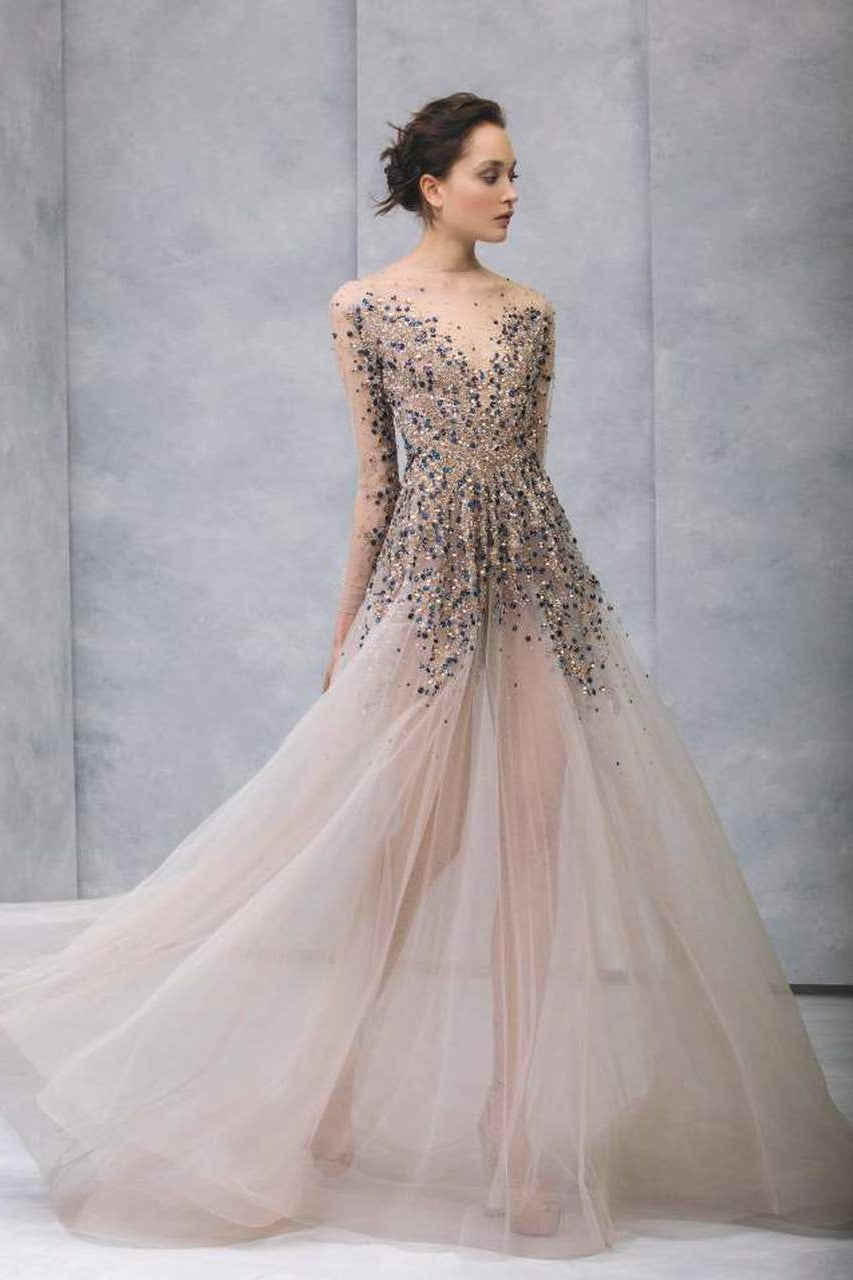 Illusion Crystal Bodice Long Sleeve Gown