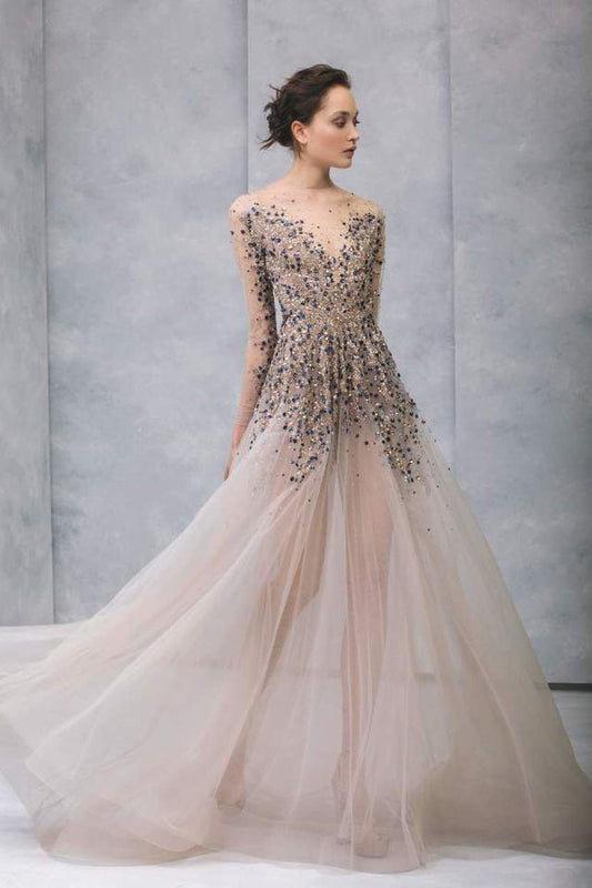 Illusion Crystal Bodice Long Sleeve Gown