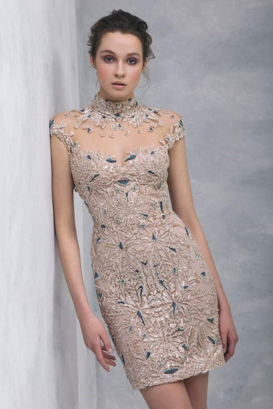 Hand-Embroidered High Neck Cocktail Dress