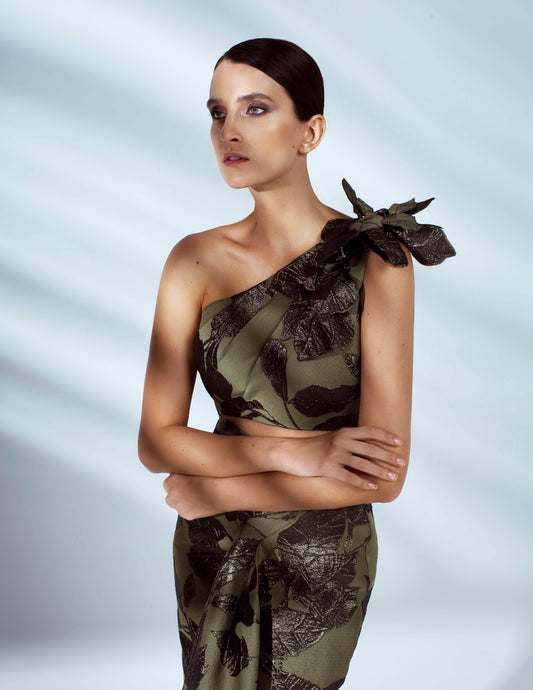 Laura Draped Maxi One-Shoulder Dress / 3D Flowers