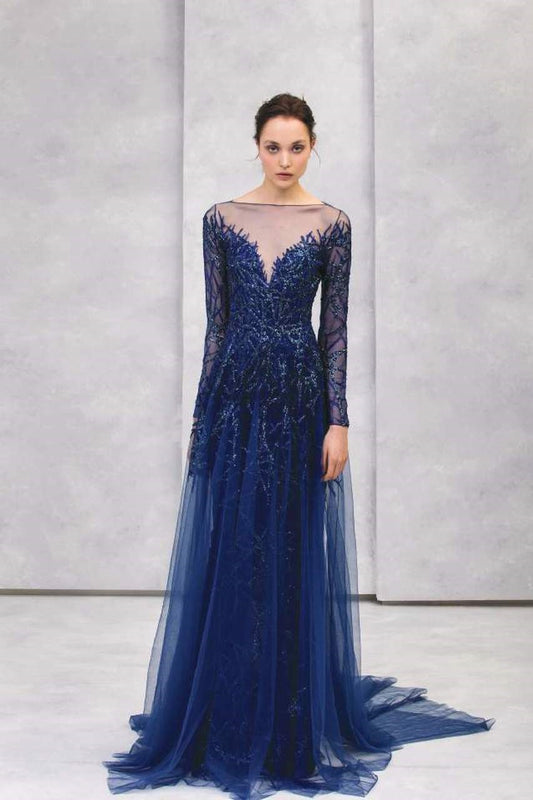 Embroidered Tulle Long Sleeve Evening Gown