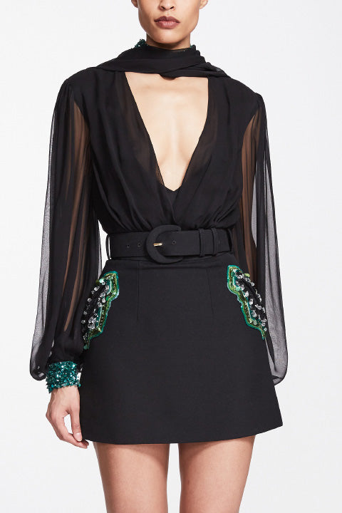 Long Sleeve Chiffon Bodysuit and Wool Mini Skirt