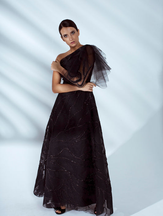 Mylie Hand Embroidered One-Shoulder Gown