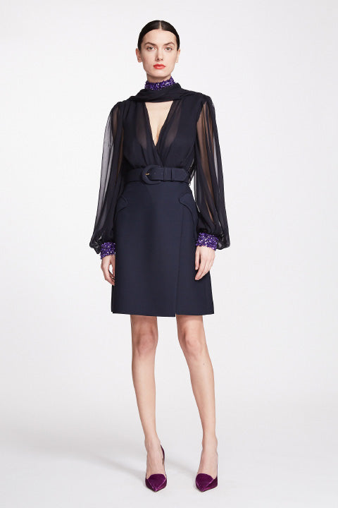Long Sleeve Chiffon Bodysuit and Wool Tailored Skirt