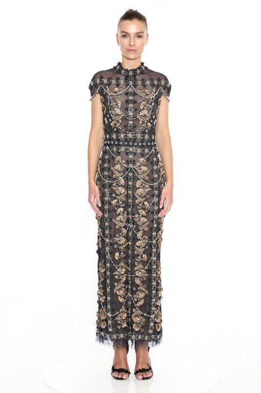 Cap Sleeve Tulle Fully Embroidered Gown
