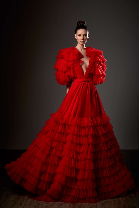 Short Sleeve Tiered Ruffled Gown