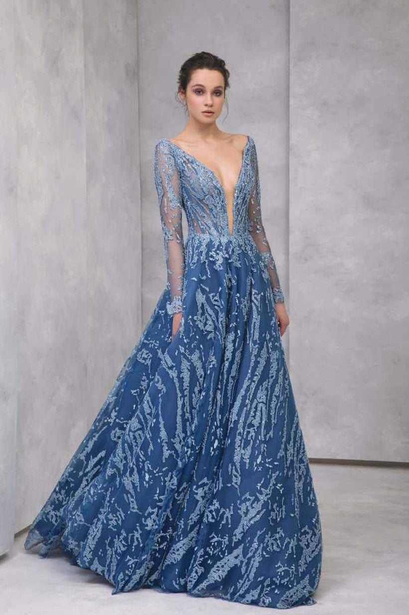 Long Sleeve Embroidered Tulle Evening Gown