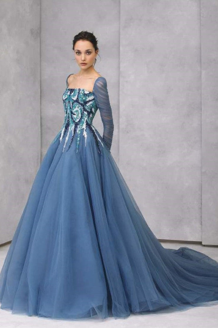 Long Sleeve Beaded Bodice Tulle Ball Gown
