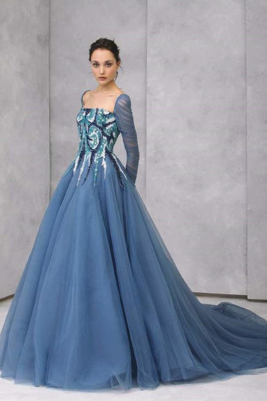 Long Sleeve Beaded Bodice Tulle Ball Gown