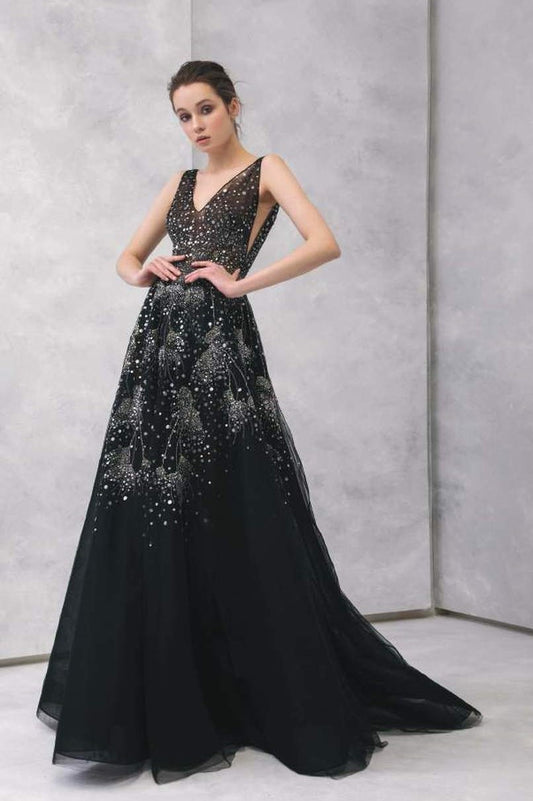 Embroidered V Neck Sleeveless Gown