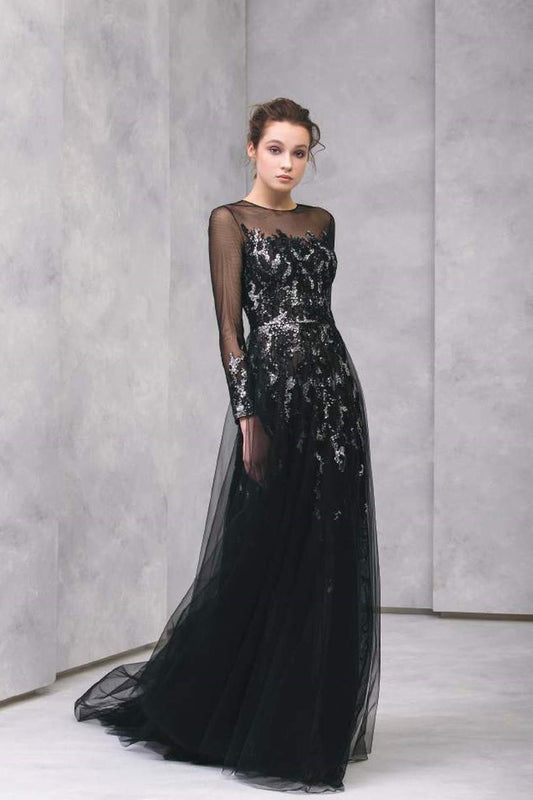 Encrusted Lace Long Sleeve Gown