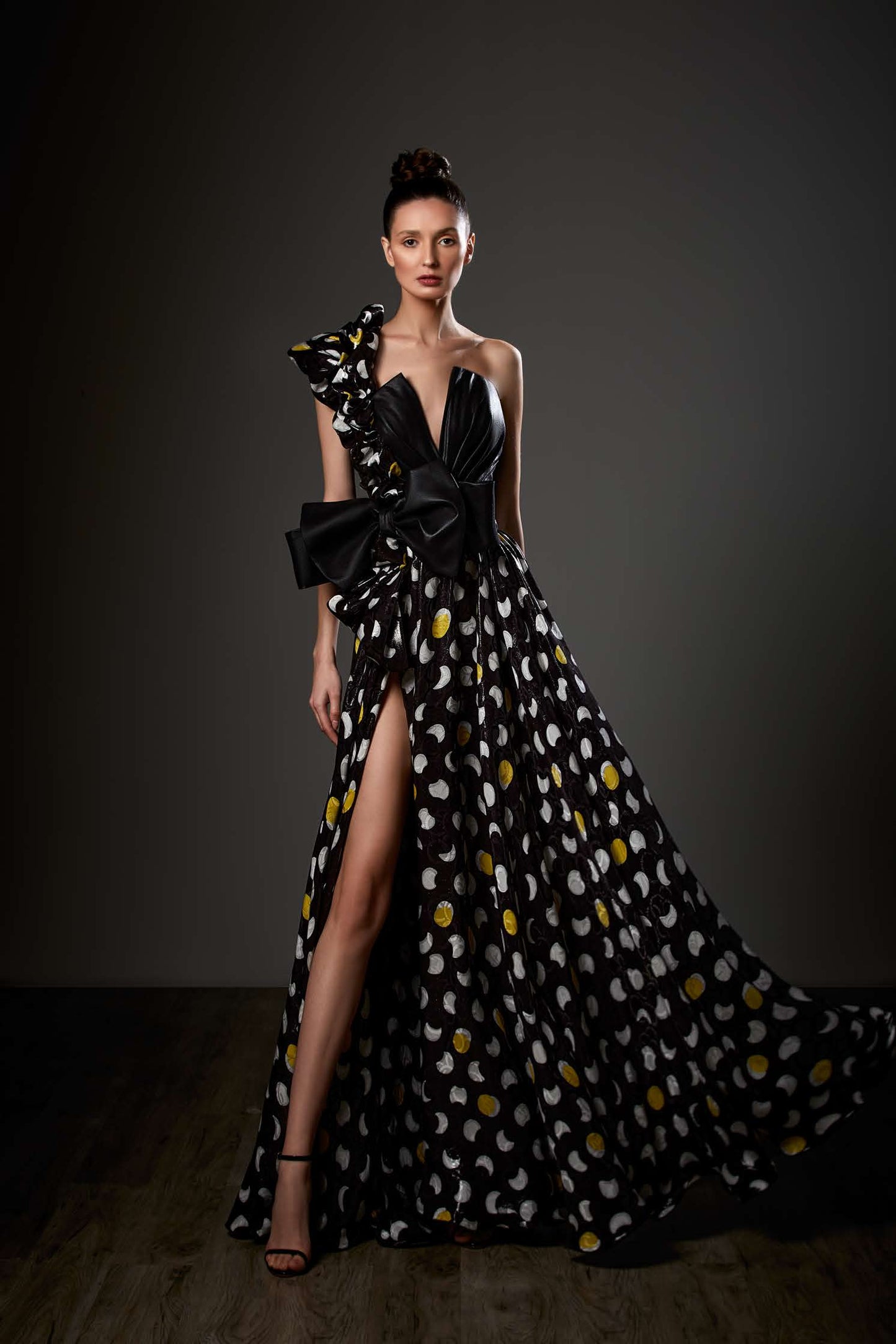 One Shoulder Organza Print Slit Gown