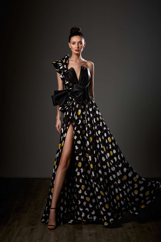 One Shoulder Organza Print Slit Gown