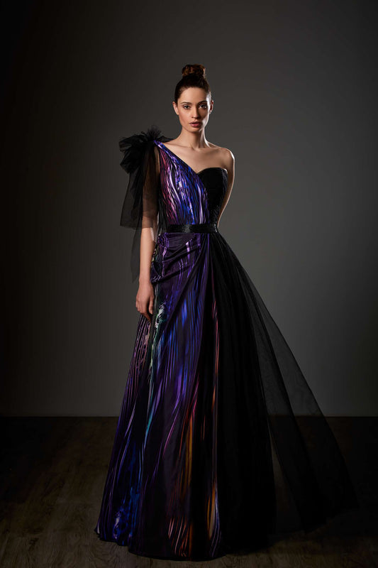 Silk Print and Tulle One Shoulder Gown