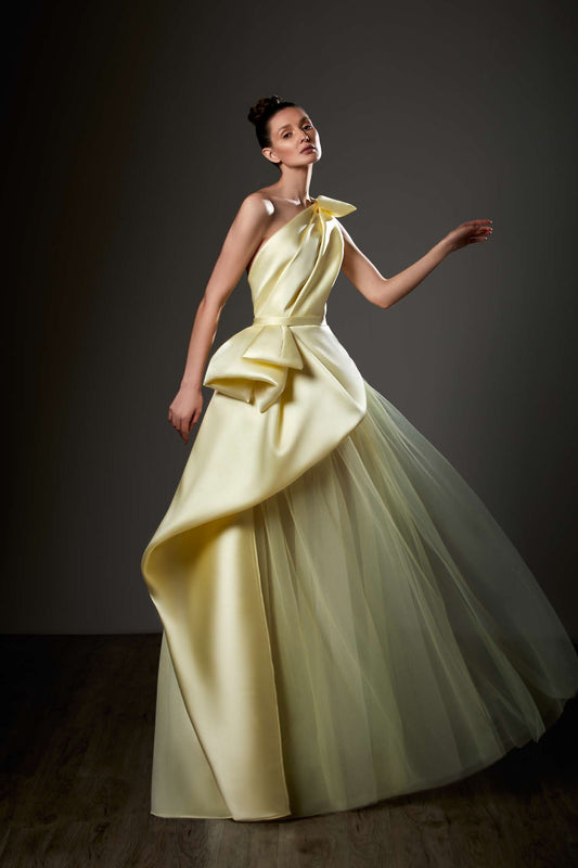 One Shoulder Micado and Tulle  Gown