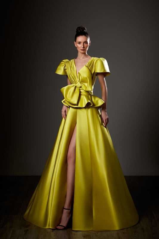 Bell Sleeve Peplum Slit Gown