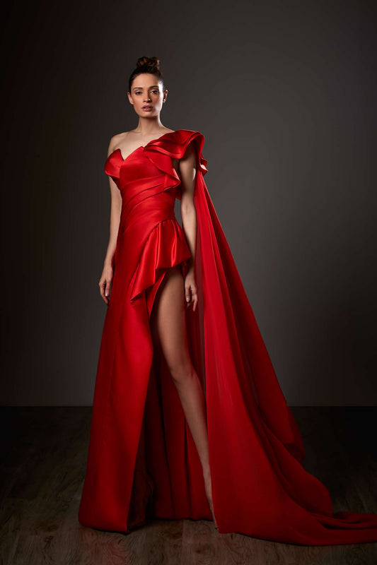 Draped One Shoulder Side Slit Gown