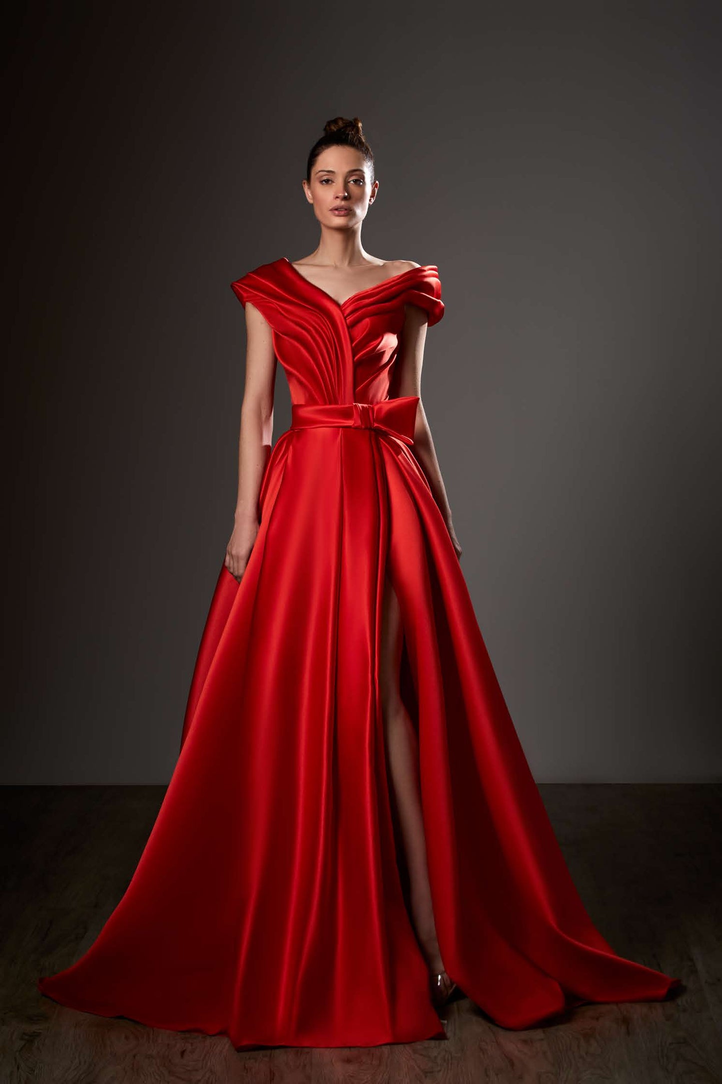 Draped Shoulder A-Line Slit Gown