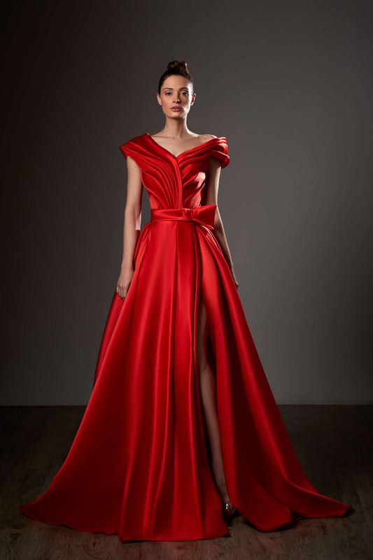 Draped Shoulder A-Line Slit Gown