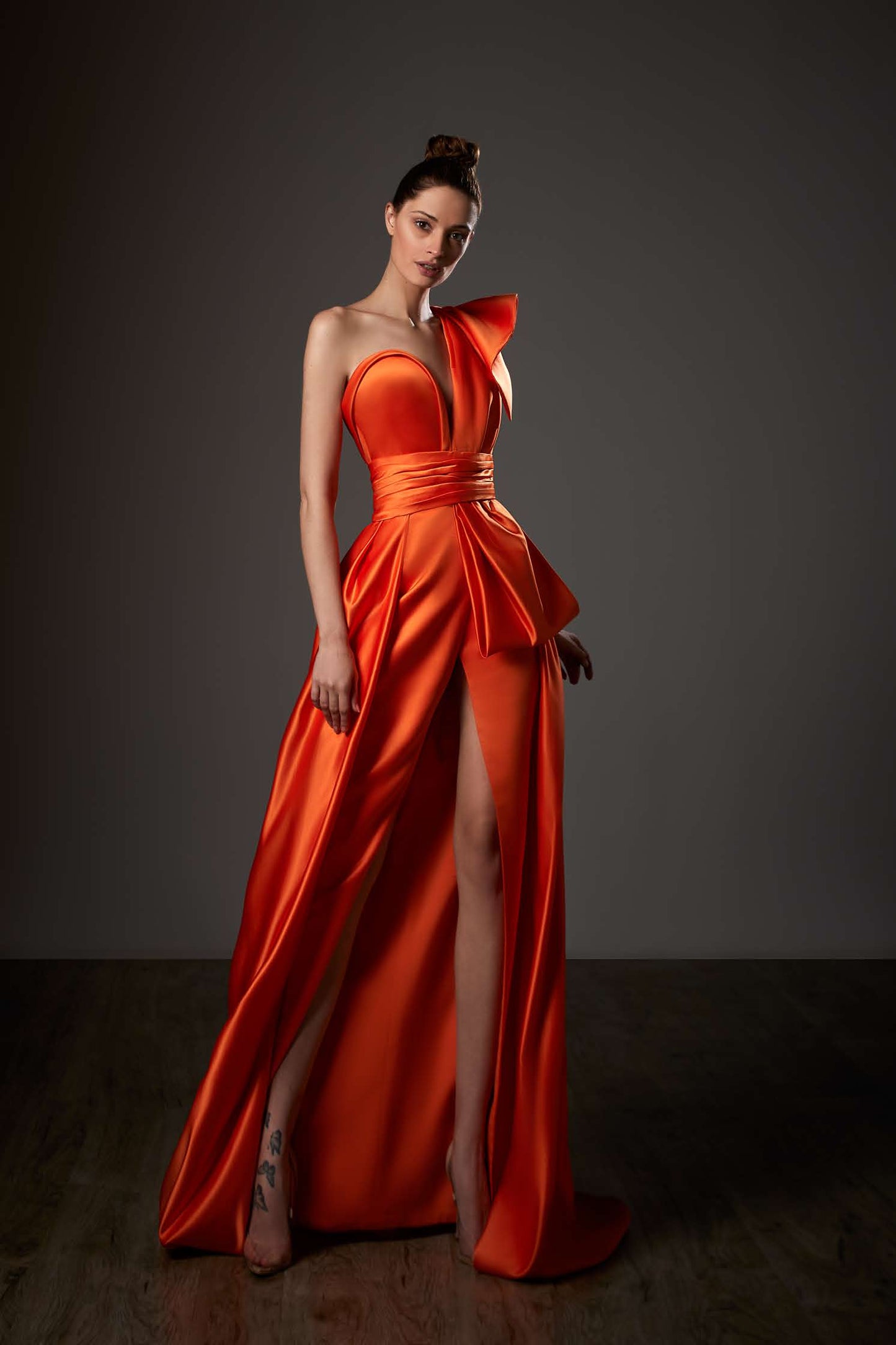 Plunging Neck One Shoulder Satin Gown