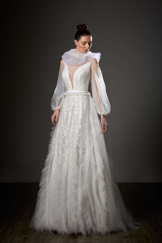 Ruffled Neck Long Sleeve A-Line Gown