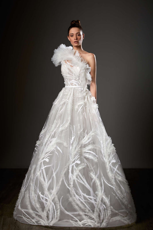 One Shoulder Ruffled A-Line Gown