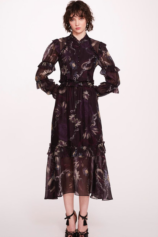 Long-Sleeve Buttoned Midi Dress