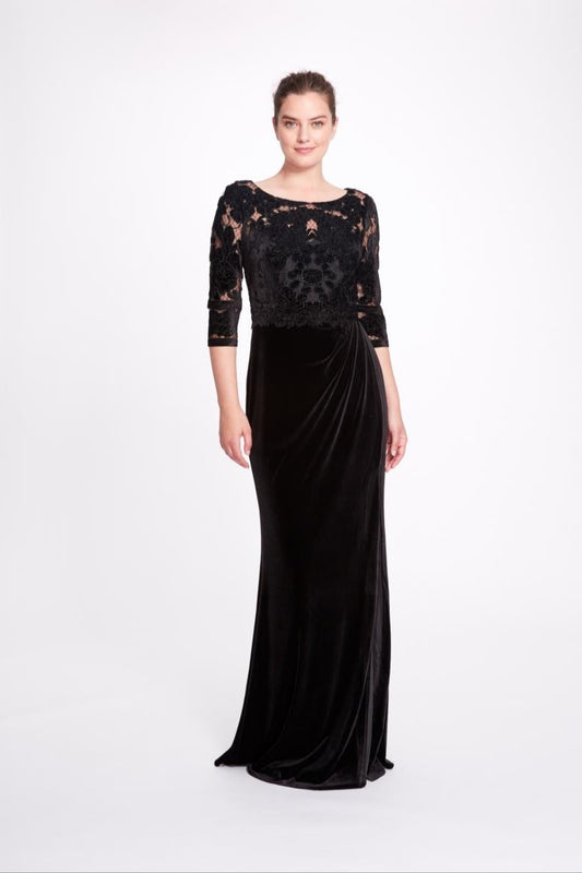 Three Quarter Sleeve Velvet Cutwork  Gown