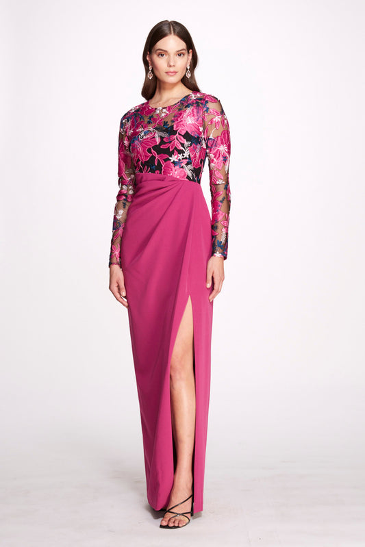 Long Sleeve -Embroidery on Tulle Column Gown