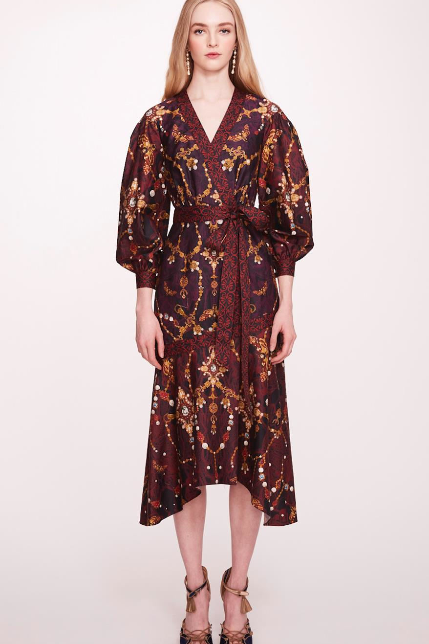 V-Neck Long Sleeve Midi Dress