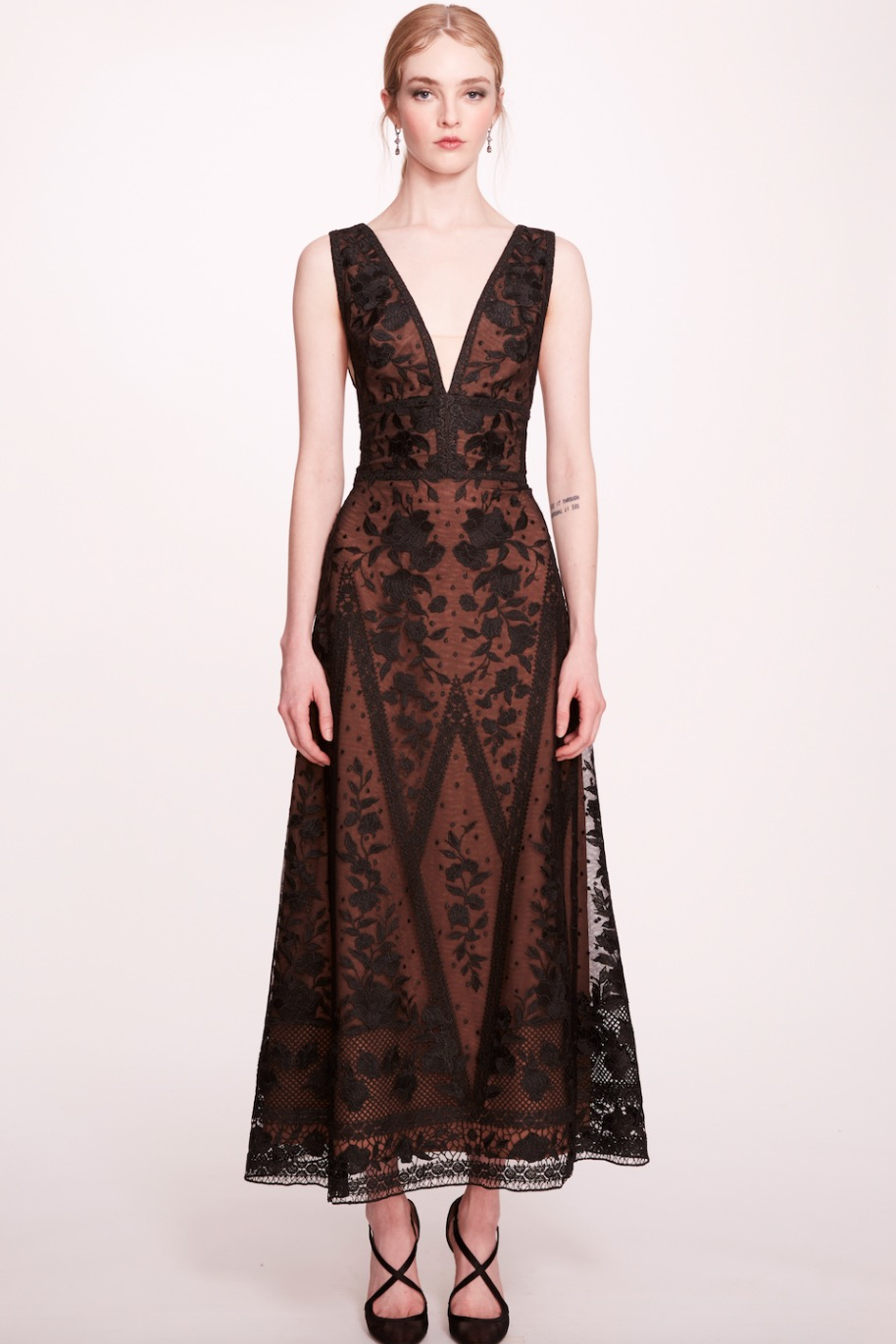 V-Neck Embroidered Tulle-Dress